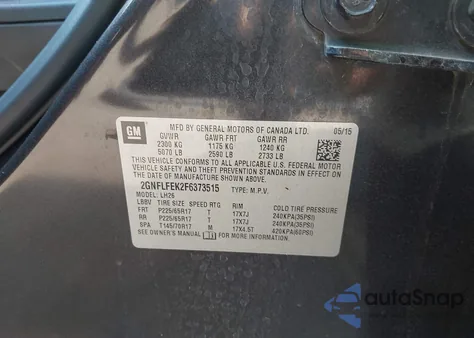 2015 Chevrolet Equinox 1Lt from USA, damaged, VIN 2GNFLFEK2F6373515